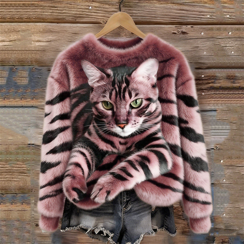 Lunavessine - Cozy Plush Sweatshirt with Tiger and Tabby Cat Pattern