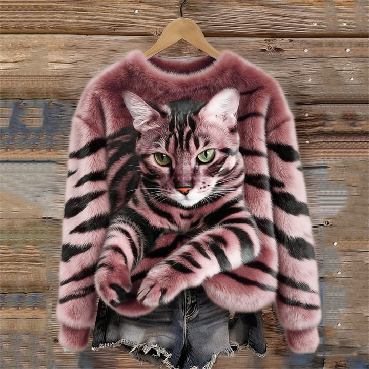 Lunavessine - Cozy Plush Sweatshirt with Tiger and Tabby Cat Pattern