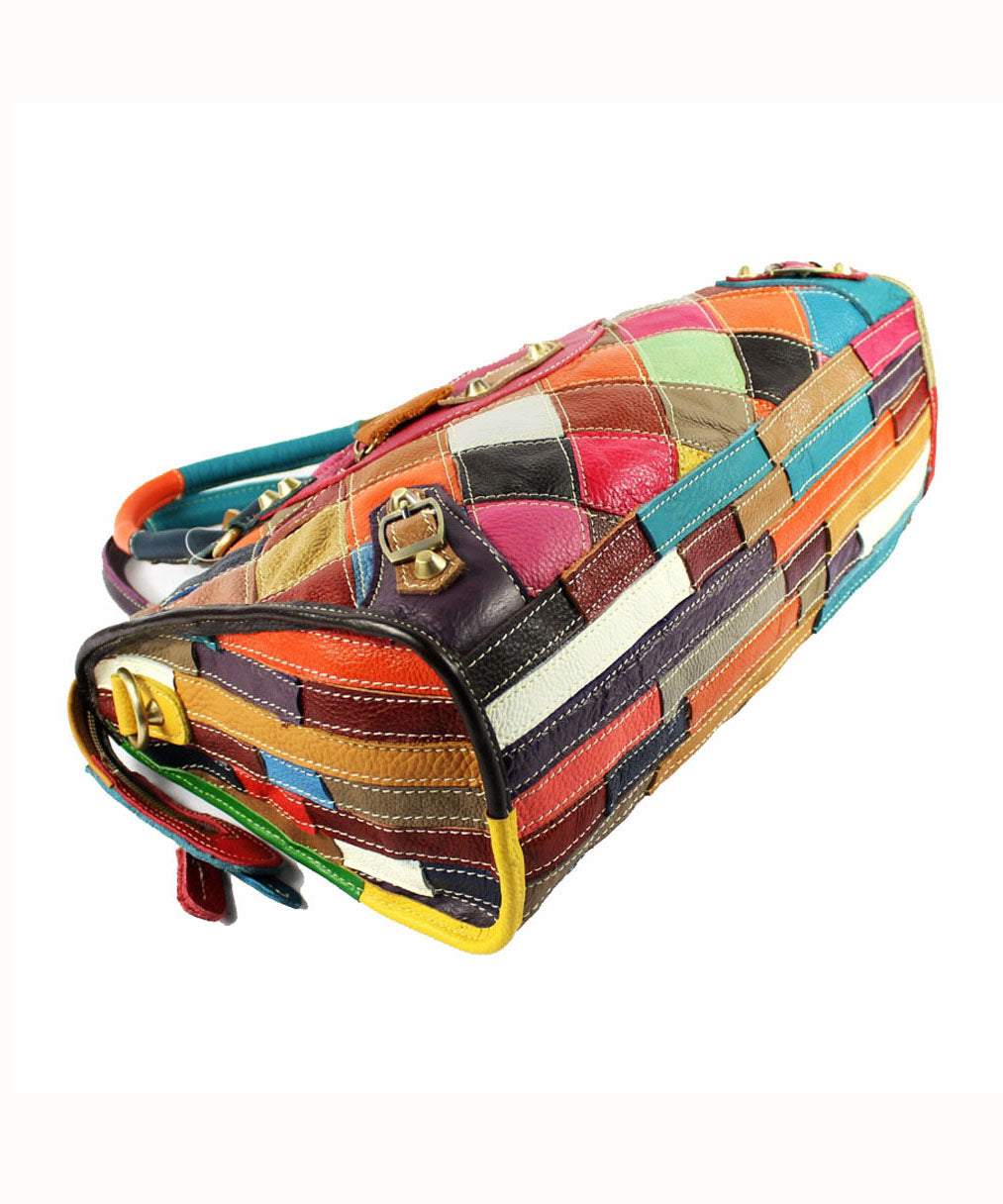 Gravina - Elegant patchwork calfskin tote bag with zipper and colorblock studs