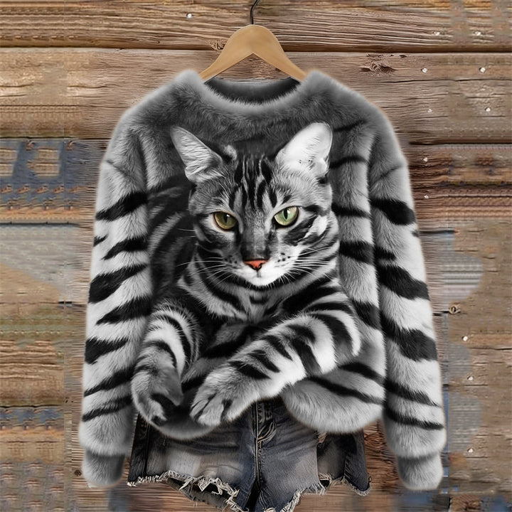 Lunavessine - Cozy Plush Sweatshirt with Tiger and Tabby Cat Pattern
