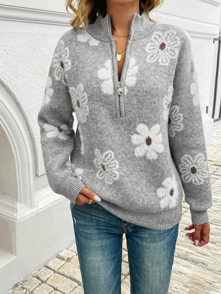 Pauline - Floral Drop Shoulder Zip Sweater