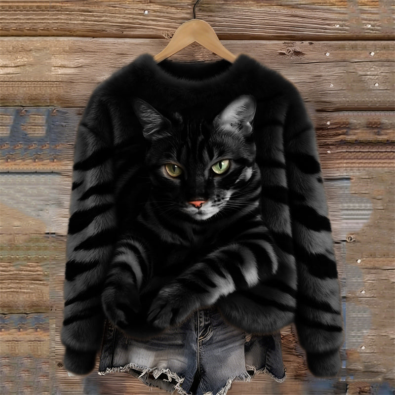 Lunavessine - Cozy Plush Sweatshirt with Tiger and Tabby Cat Pattern