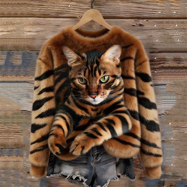 Lunavessine - Cozy Plush Sweatshirt with Tiger and Tabby Cat Pattern