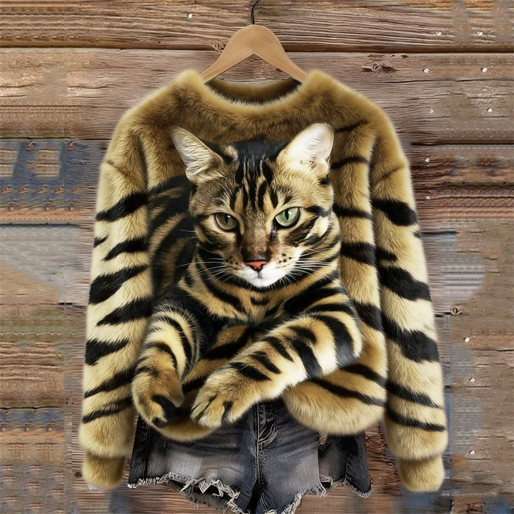 Lunavessine - Cozy Plush Sweatshirt with Tiger and Tabby Cat Pattern