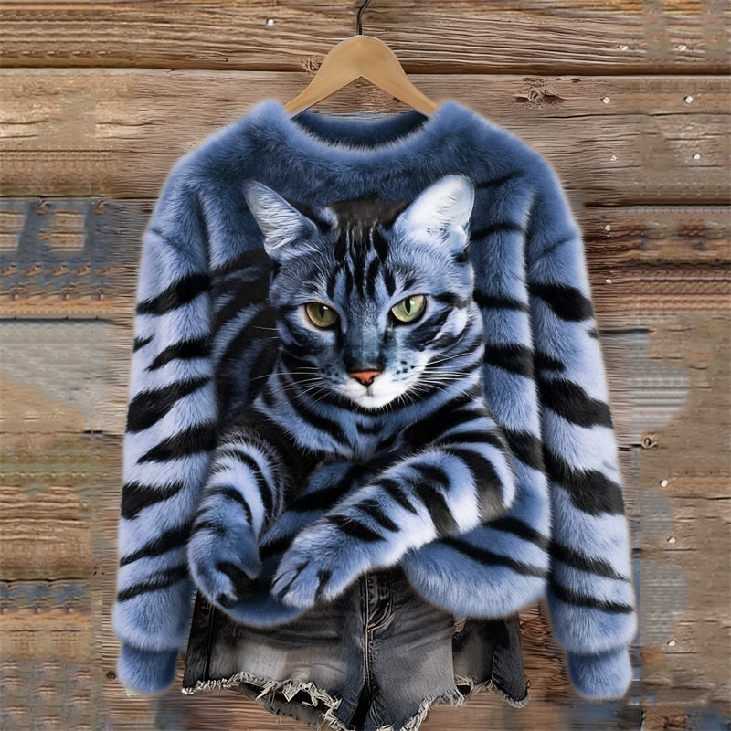 Lunavessine - Cozy Plush Sweatshirt with Tiger and Tabby Cat Pattern