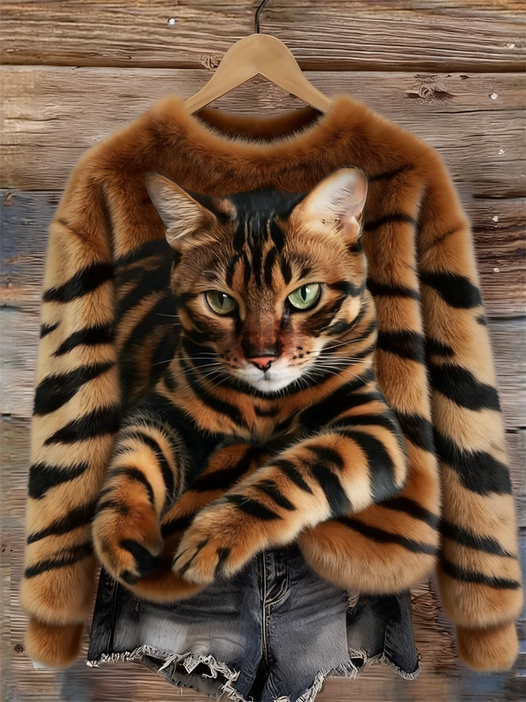 Lunavessine - Cozy Plush Sweatshirt with Tiger and Tabby Cat Pattern
